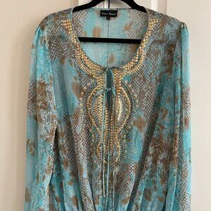 Rena Renee Teal Snake Print Embellished Gold Sequins Chiffon Boho Blouse - SZ L